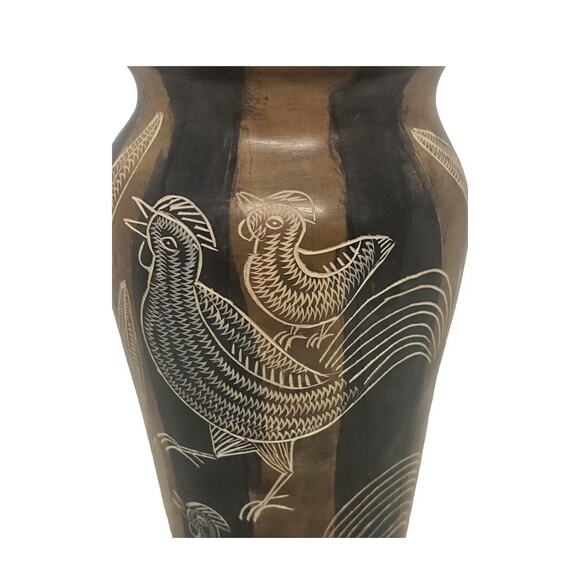 Mid 20th Century Asian Style Hand Carved Soapstone Vase Roosters Fish Plants - Picture 5 of 12